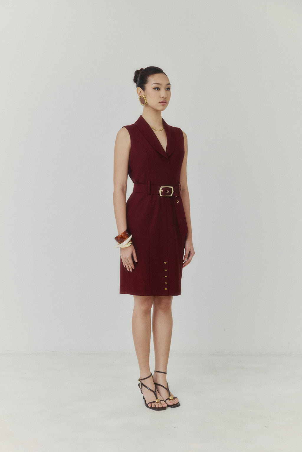 Bordeaux Belted Above-the-Knee Dress
