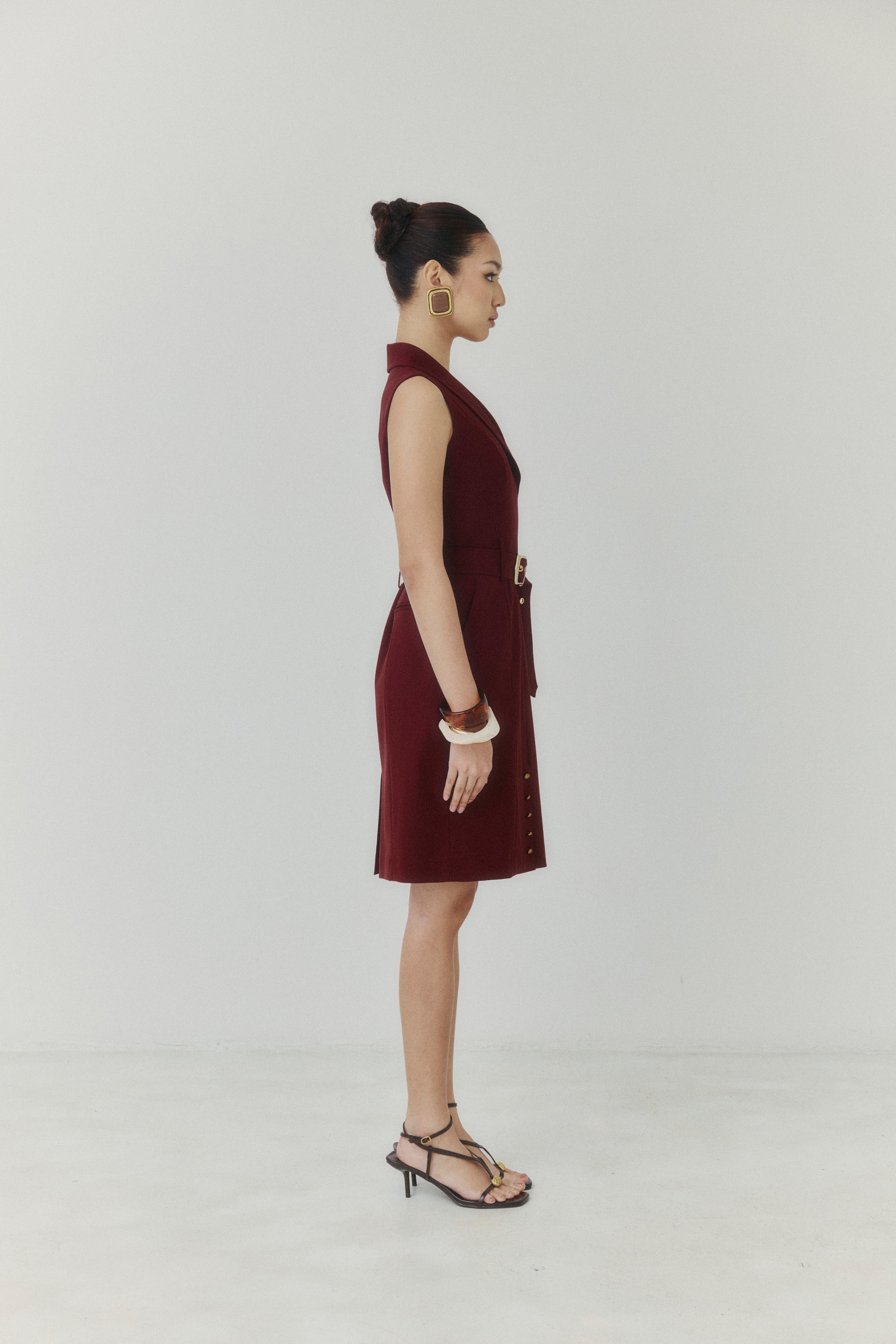 Bordeaux Belted Above-the-Knee Dress