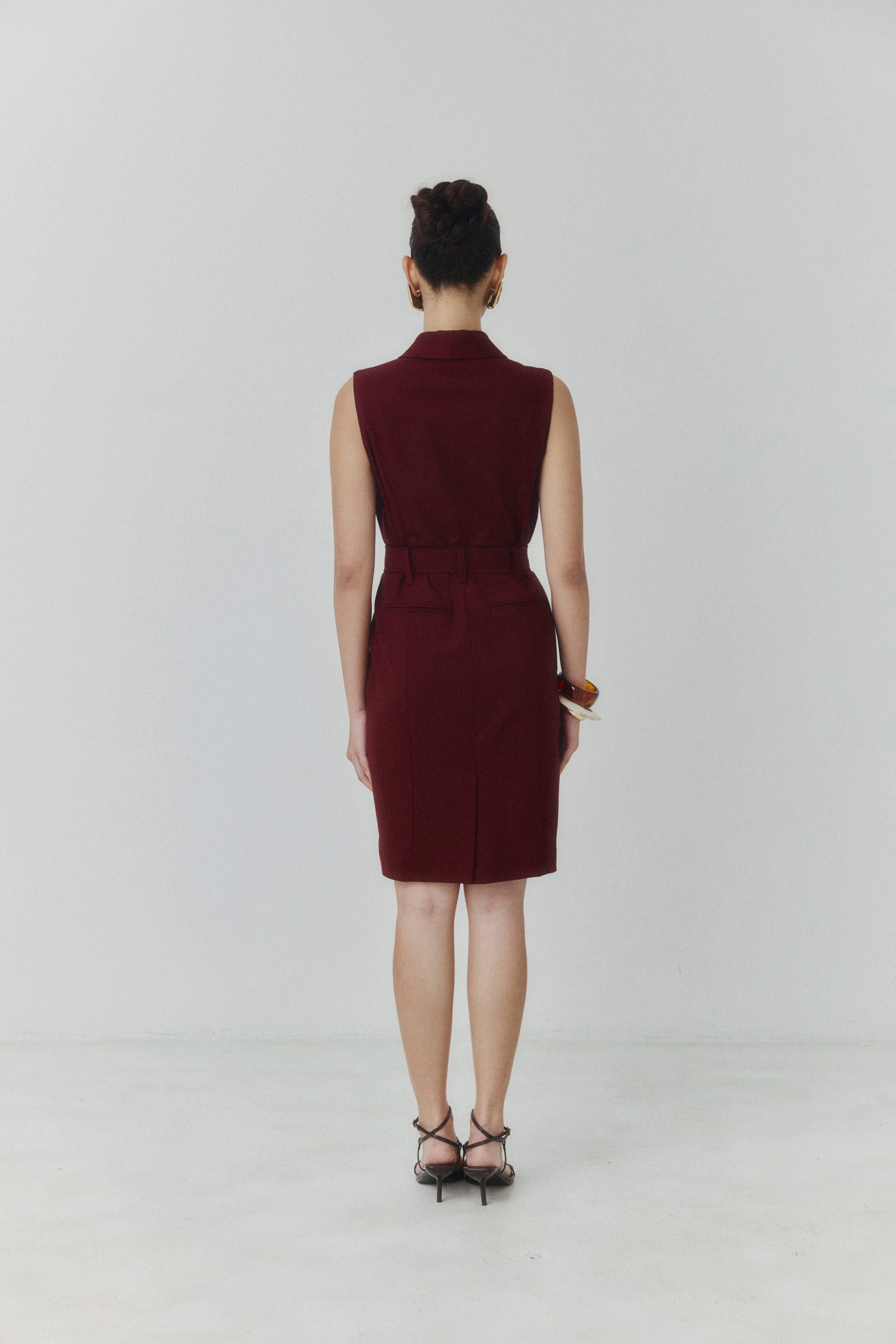 Bordeaux Belted Above-the-Knee Dress