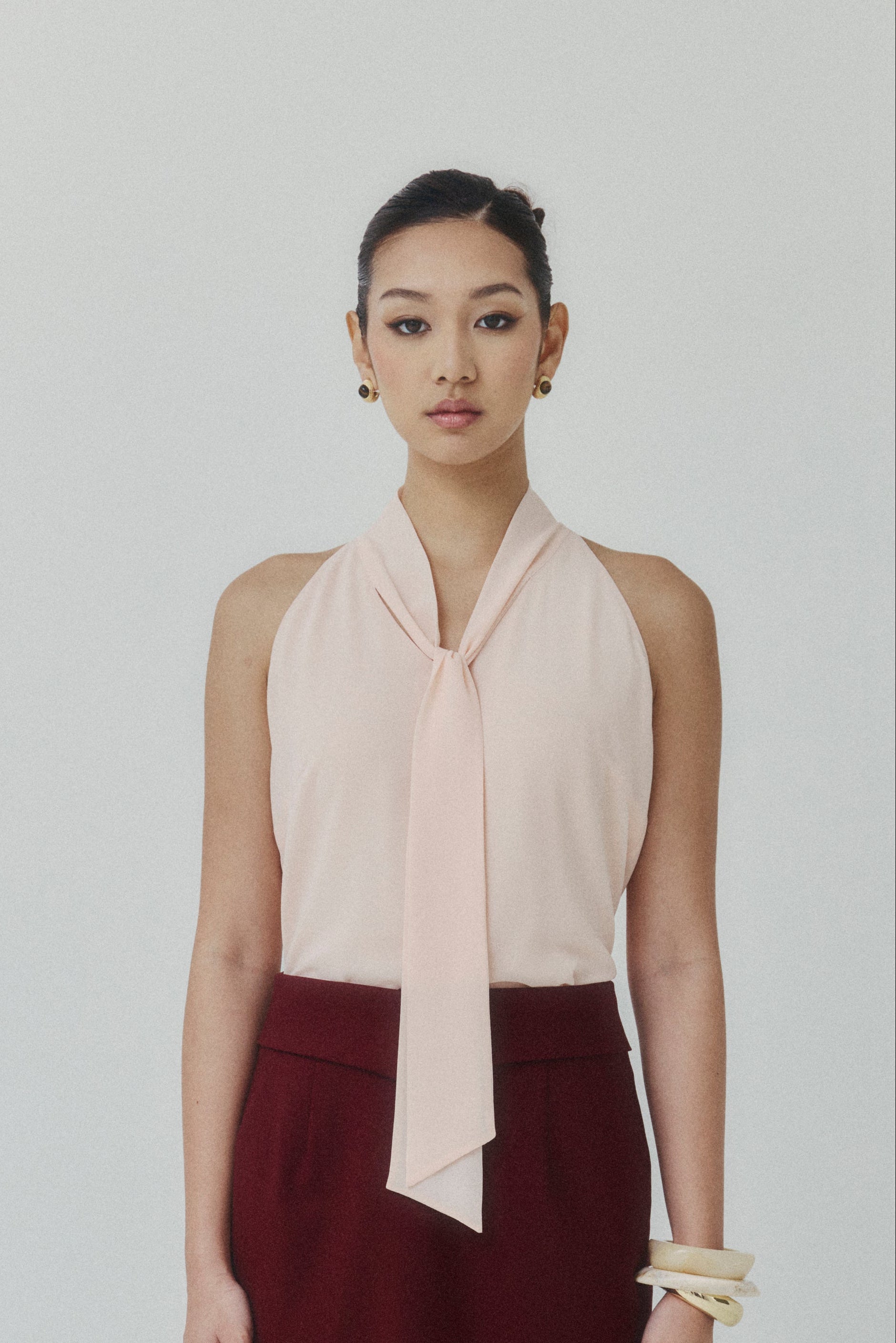 Blush Neck‑Tie Chiffon Blouse