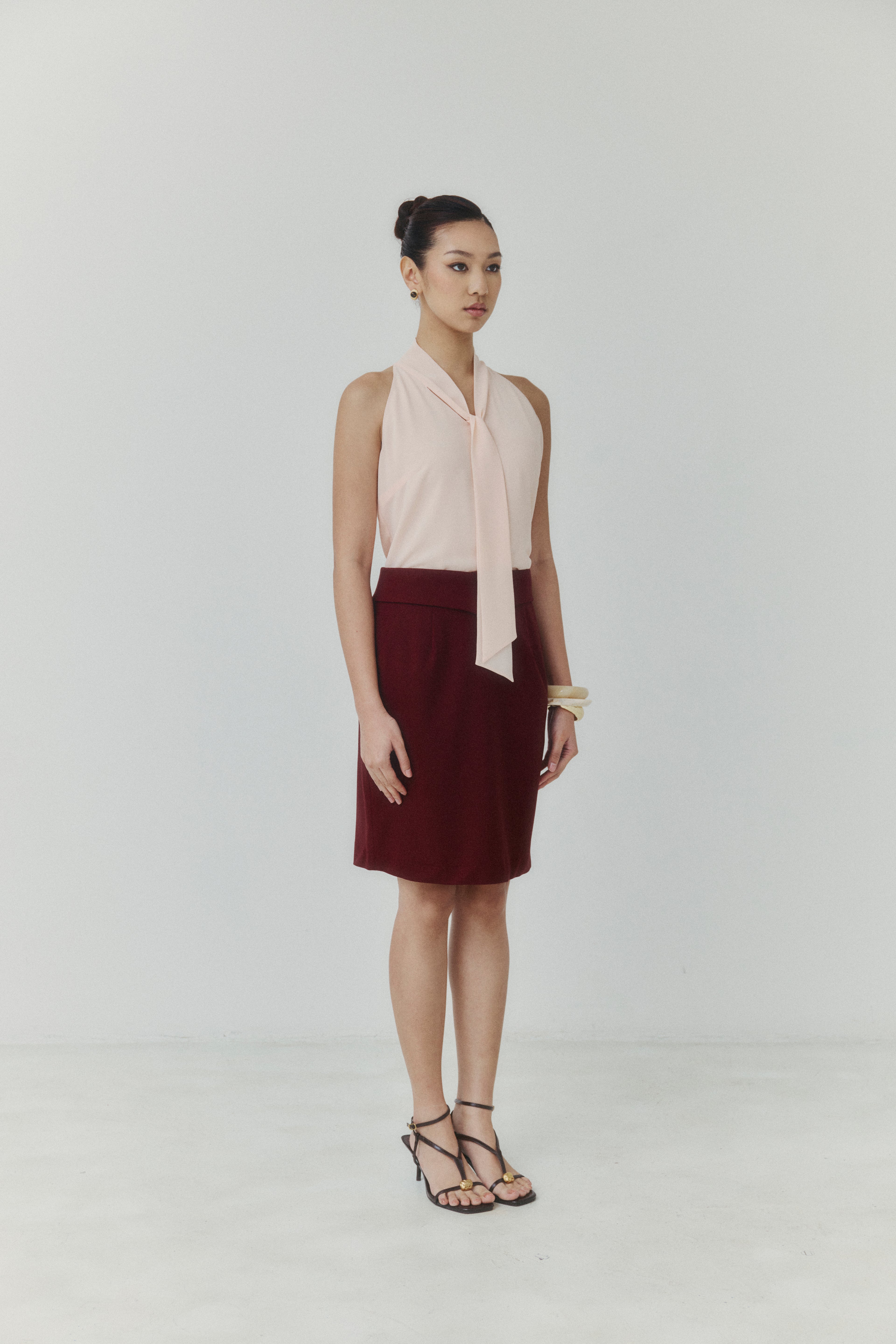 Blush Neck‑Tie Chiffon Blouse