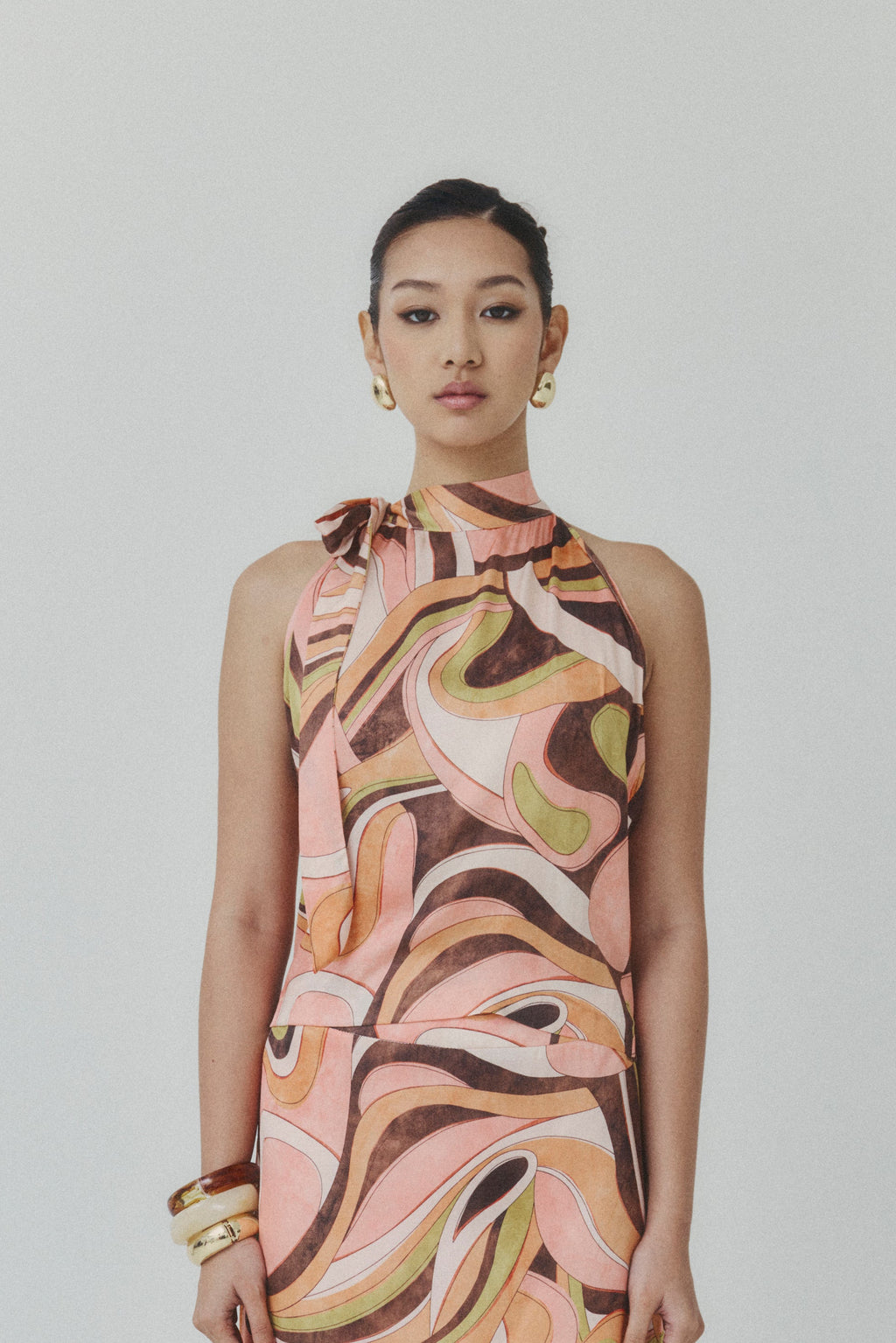 Abstract Harmony Halter‑Neck Satin Top