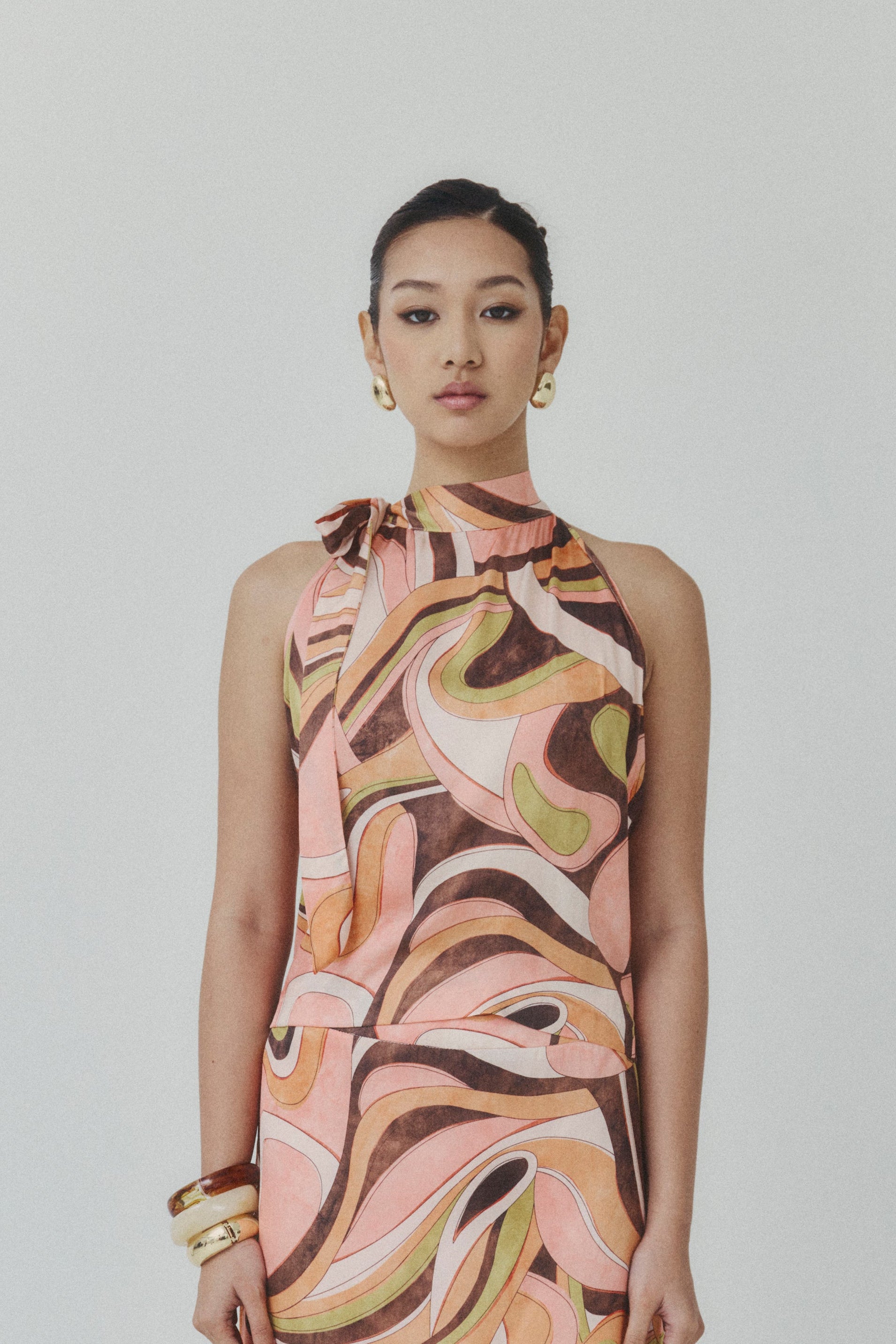 Abstract Harmony Halter‑Neck Satin Top