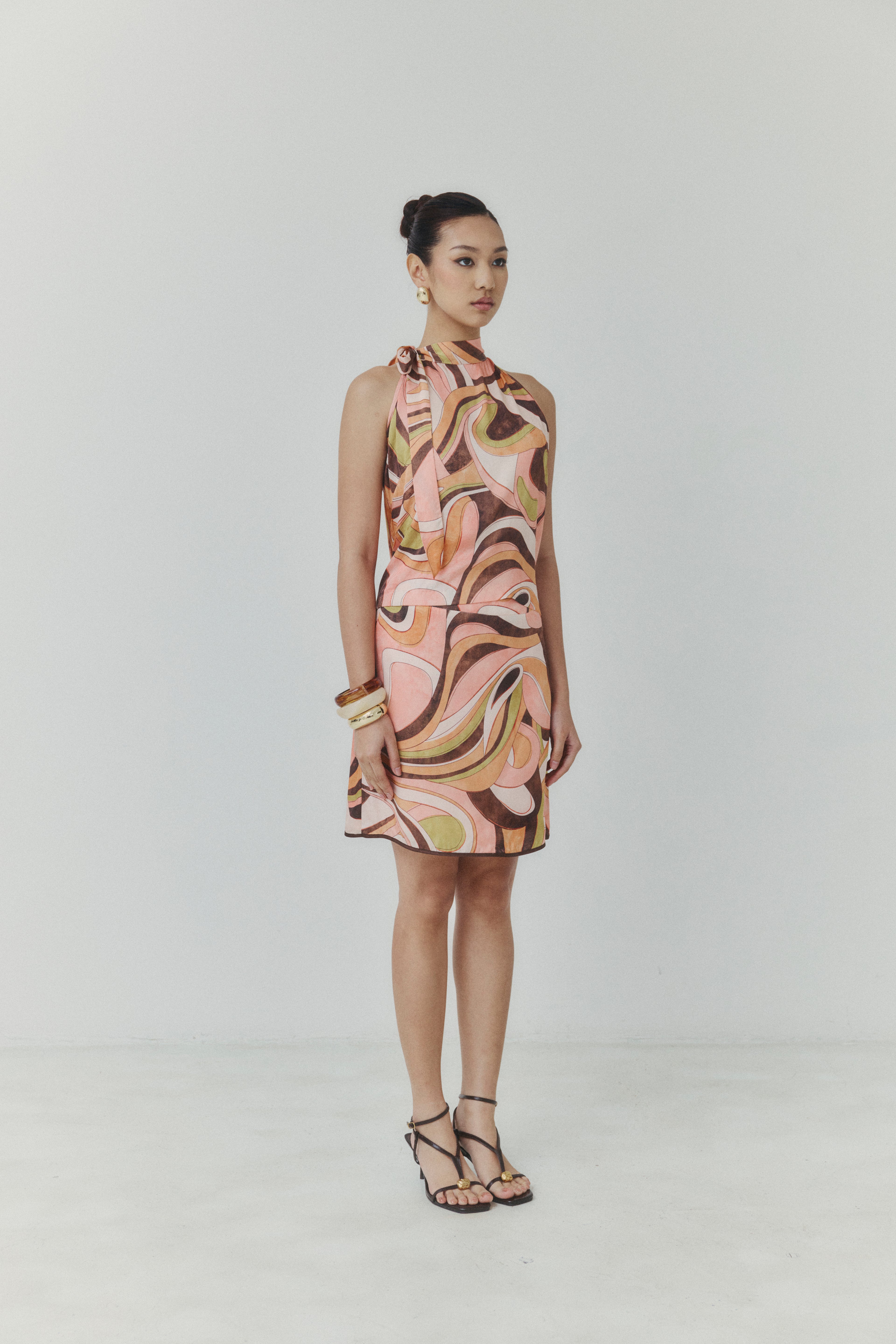 Abstract Harmony Halter‑Neck Satin Top