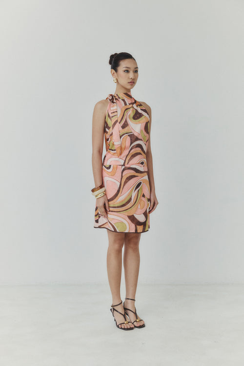 Abstract Harmony Halter‑Neck Satin Top