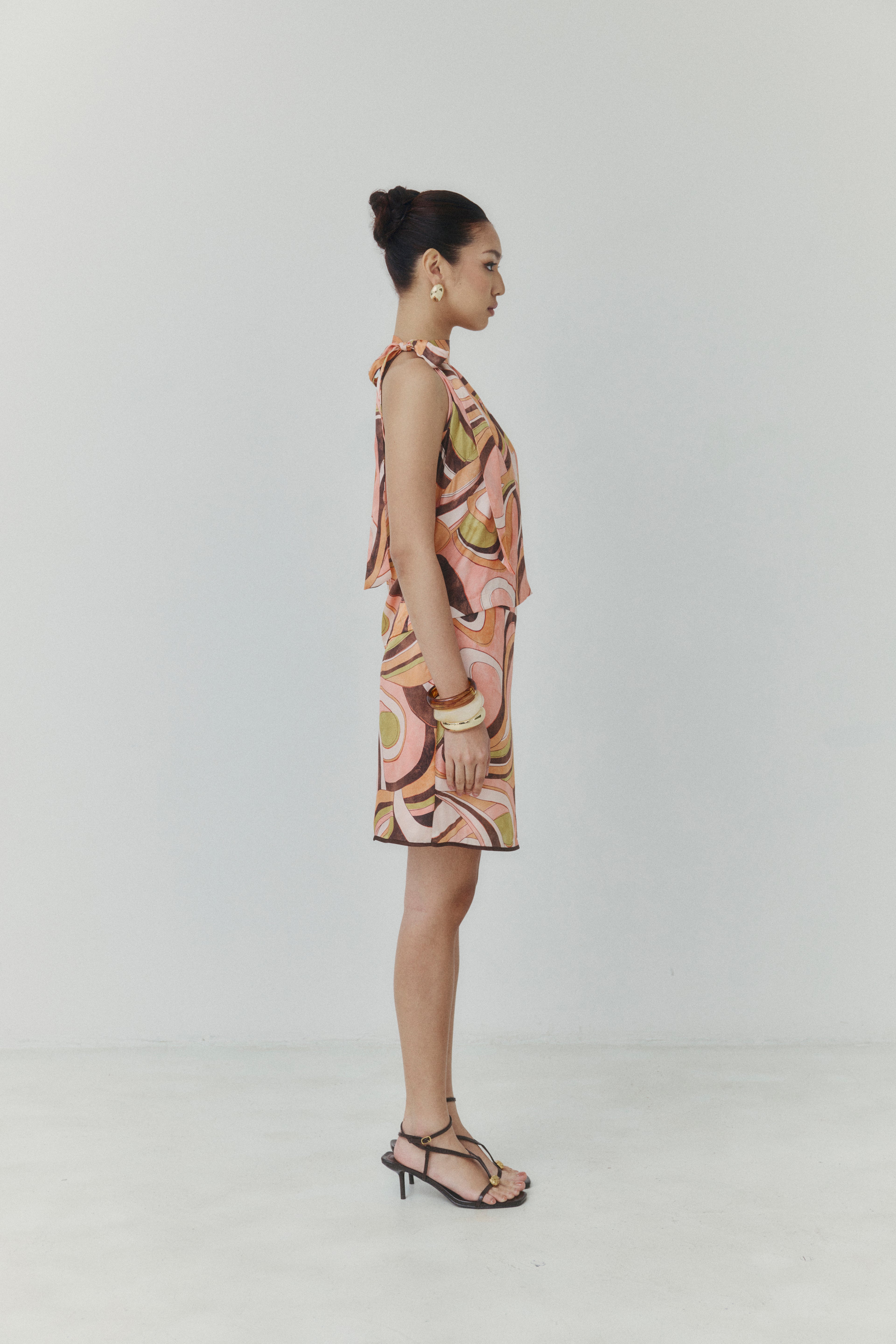 Abstract Harmony Halter‑Neck Satin Top