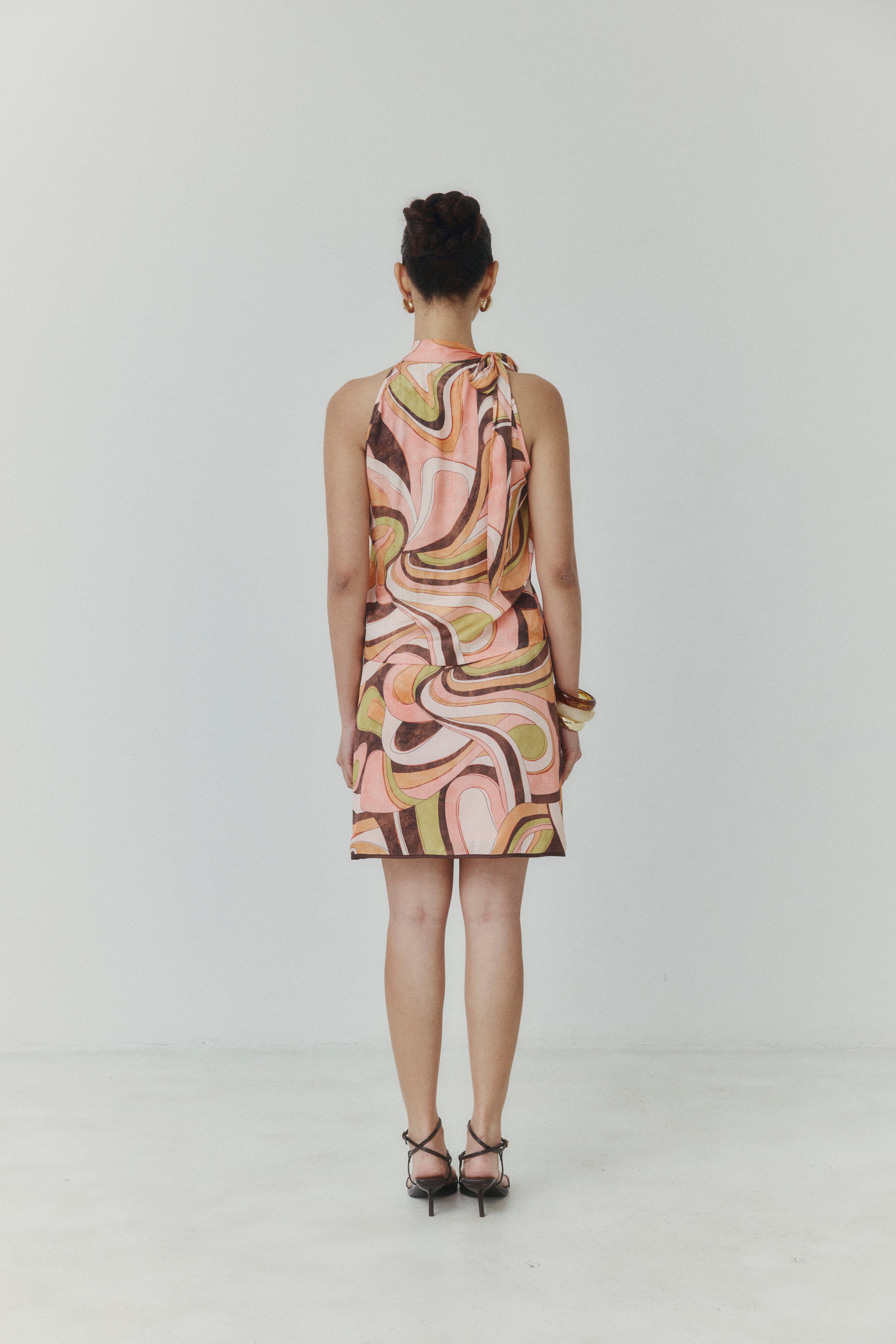 Abstract Harmony Halter‑Neck Satin Top