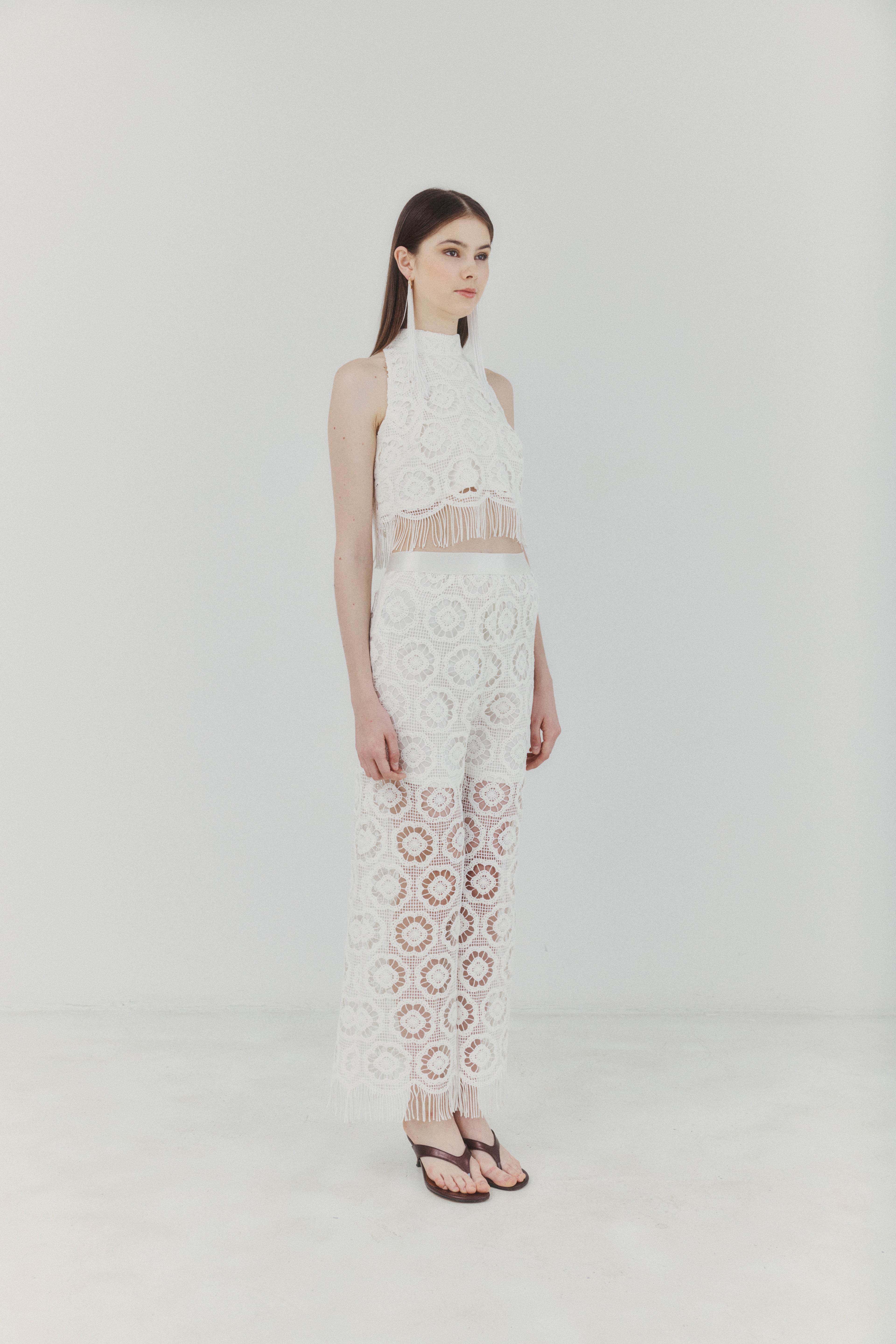 Playa Ivory Crocheted Fringe Pants
