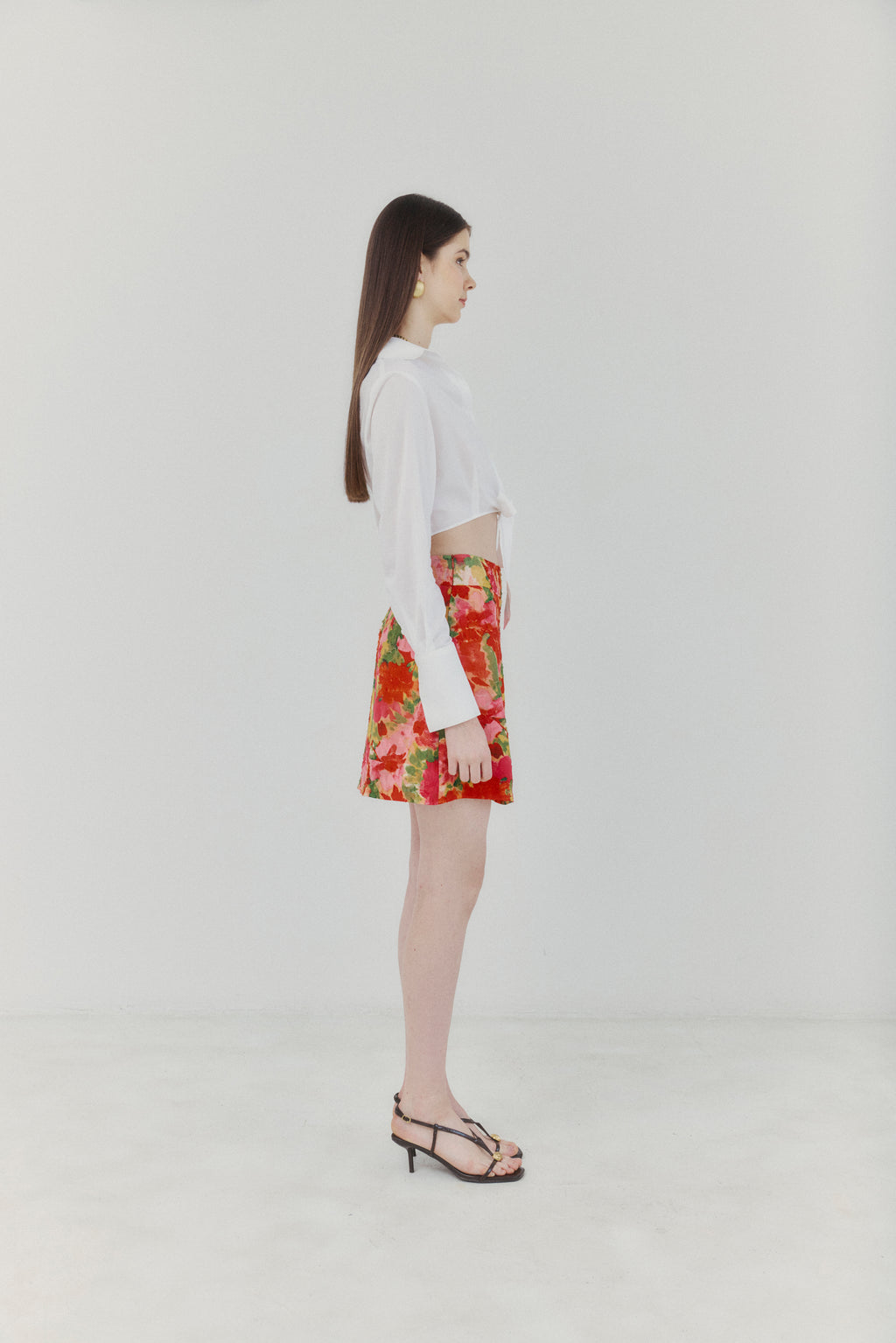 White Knot‑Front Cotton Linen Cropped Shirt