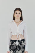 White Knot‑Front Cotton Linen Cropped Shirt