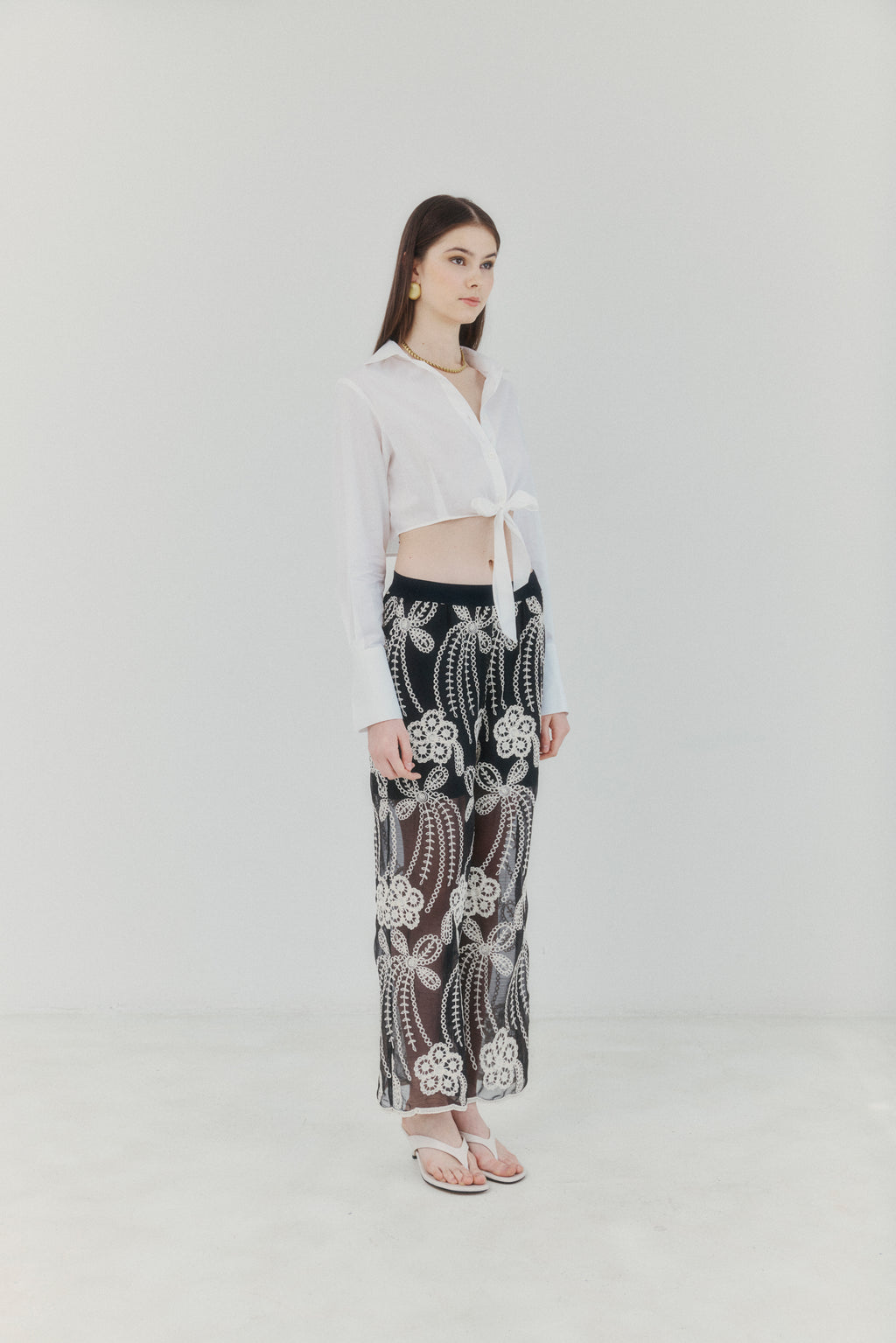 Floral Embroidered Black Sheer Pants