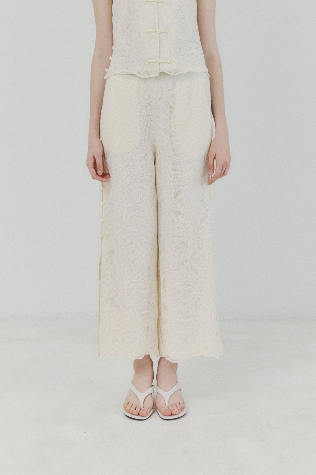 Ivory Cotton Lace-embroidered Pants